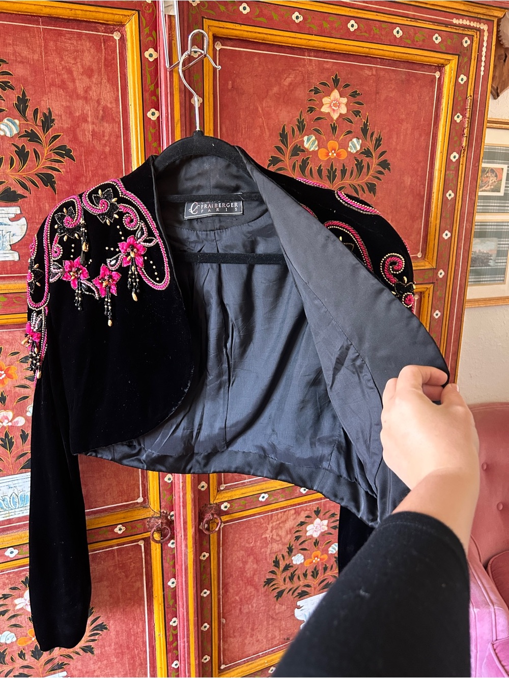 Embellished Black Velvet Bolero Jacket with Pink Beadwork - Picture 3 of 8